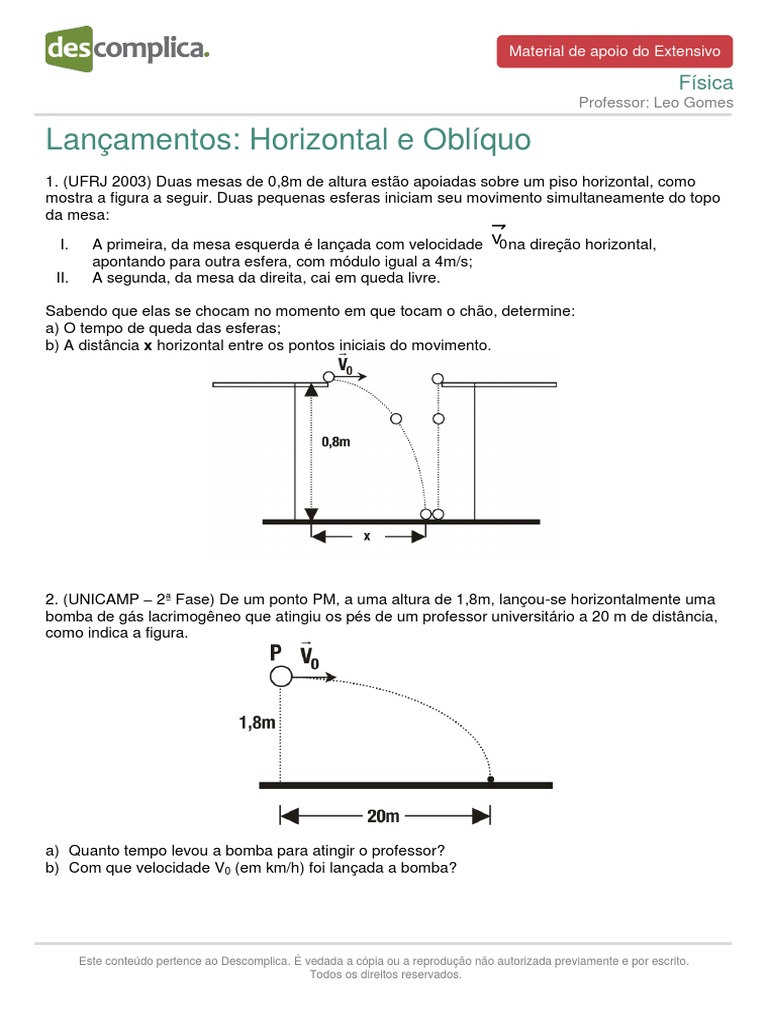Exercícios de Lançamento Oblíquo em Física | PDF | Velocidade | Trajetória