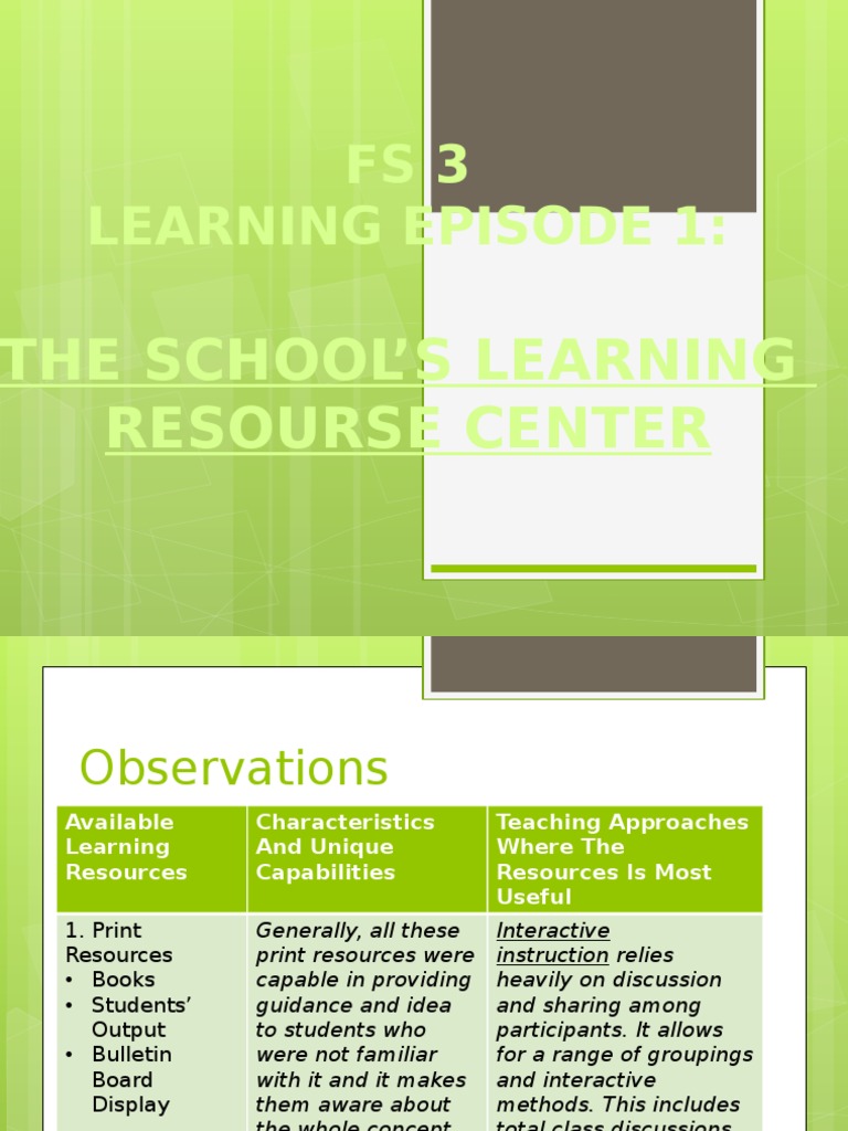FS3 Learning Episode 1:: The School'S Learning Resourse Center | PDF ...