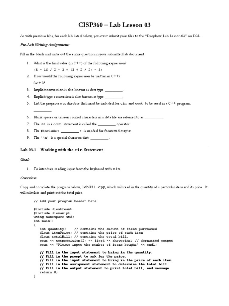 CISP360 Lab 03: C++ Programming Tasks | PDF | C++ | Data Type