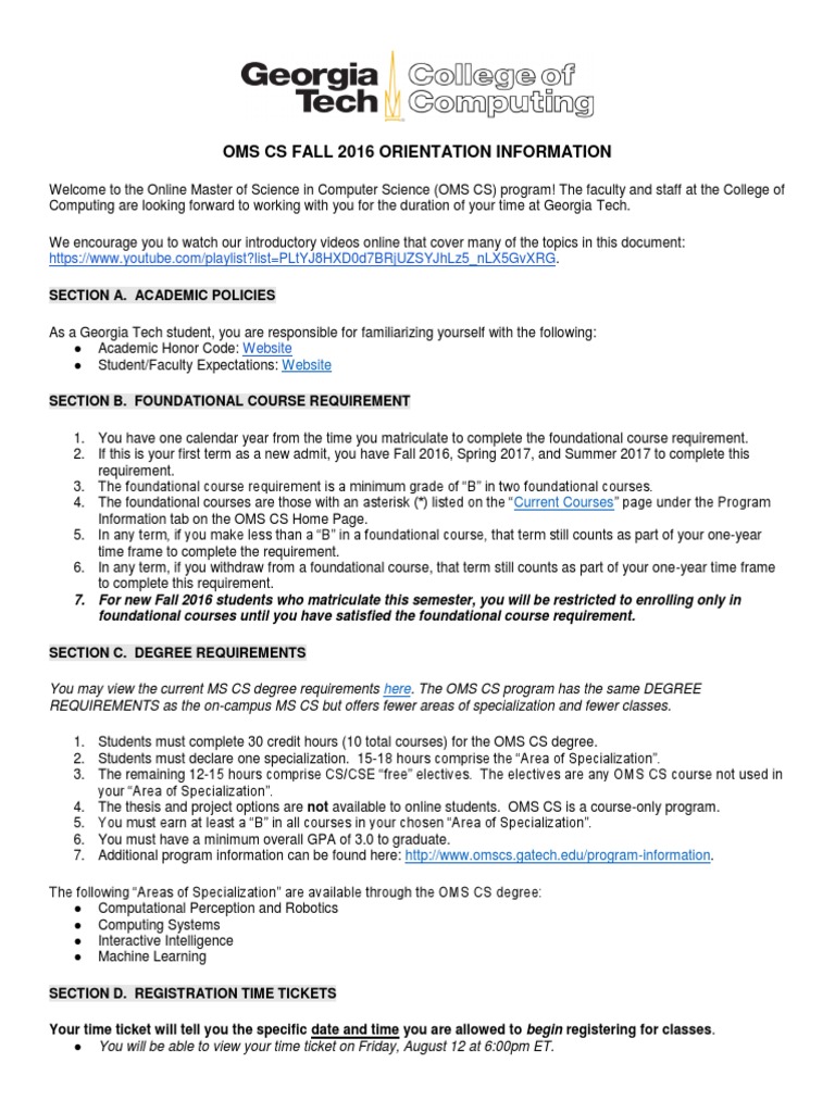 Oms Cs Fall 2016 Orientation Information: Website | PDF | Fee | Academic  Term