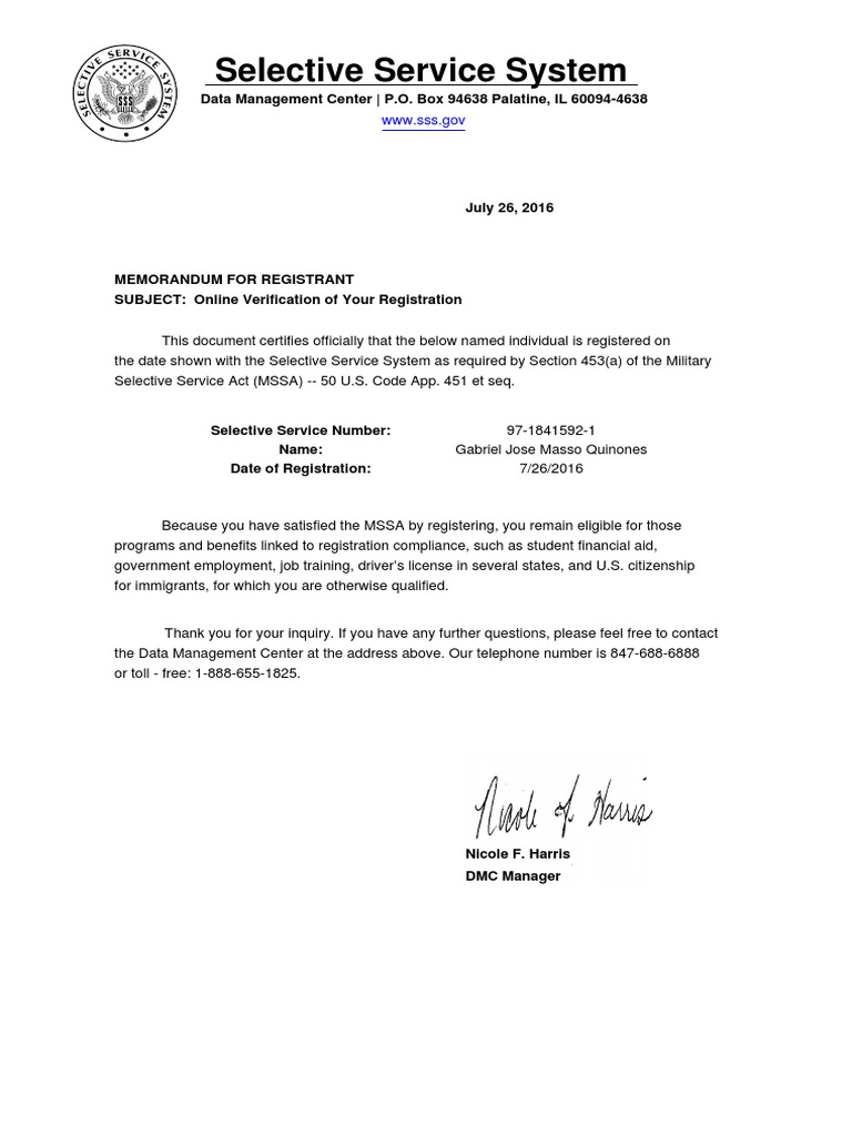 Selective Service Registration Confirmation | PDF