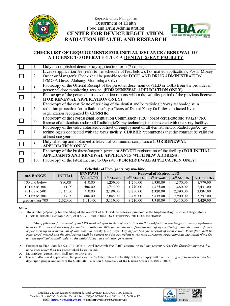 Dental XRay Facility License Application Form PDF Fee Food And Drug Administration