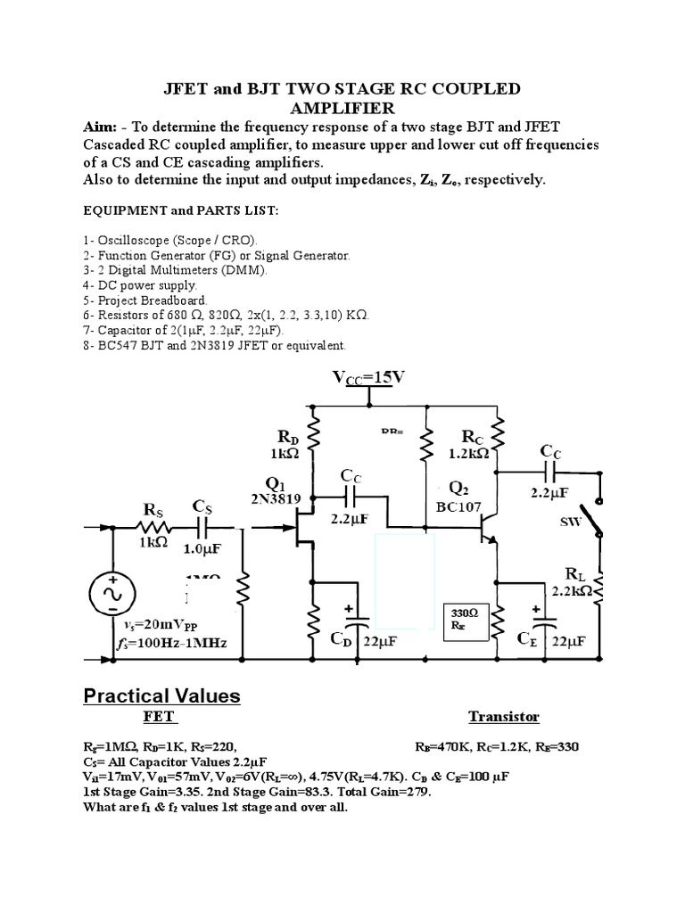 Jfet and BJT Two Stage RC Coupled Amplifier | PDF
