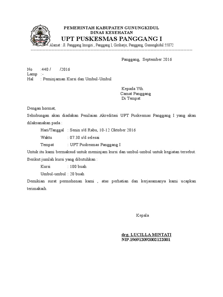 Surat Permohonan Pinjaman Kursi Umbul-Umbul