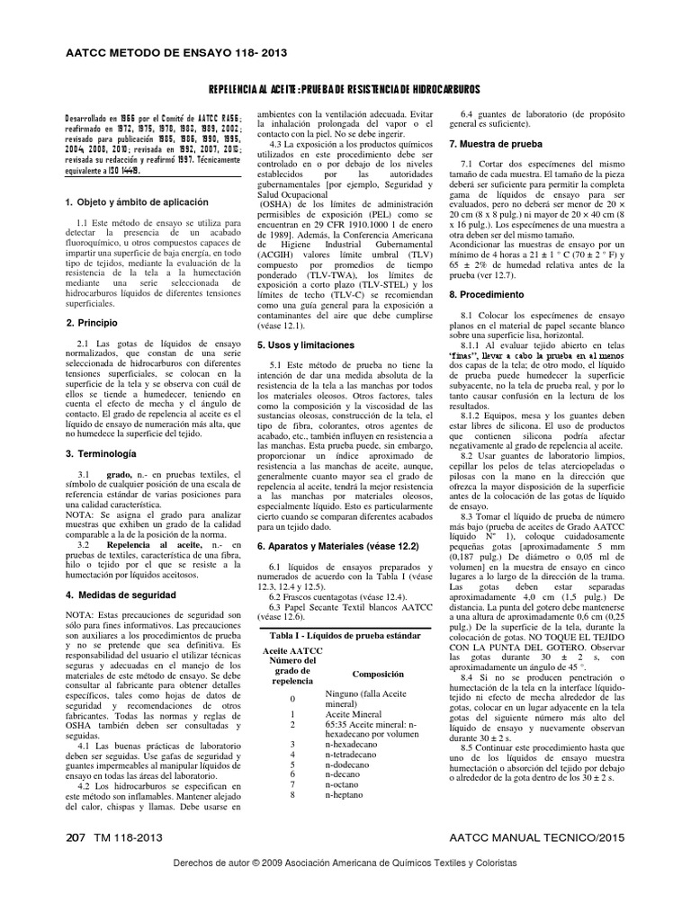 Aatcc 118 Repelencia Al Aceite PDF Líquidos Laboratorios