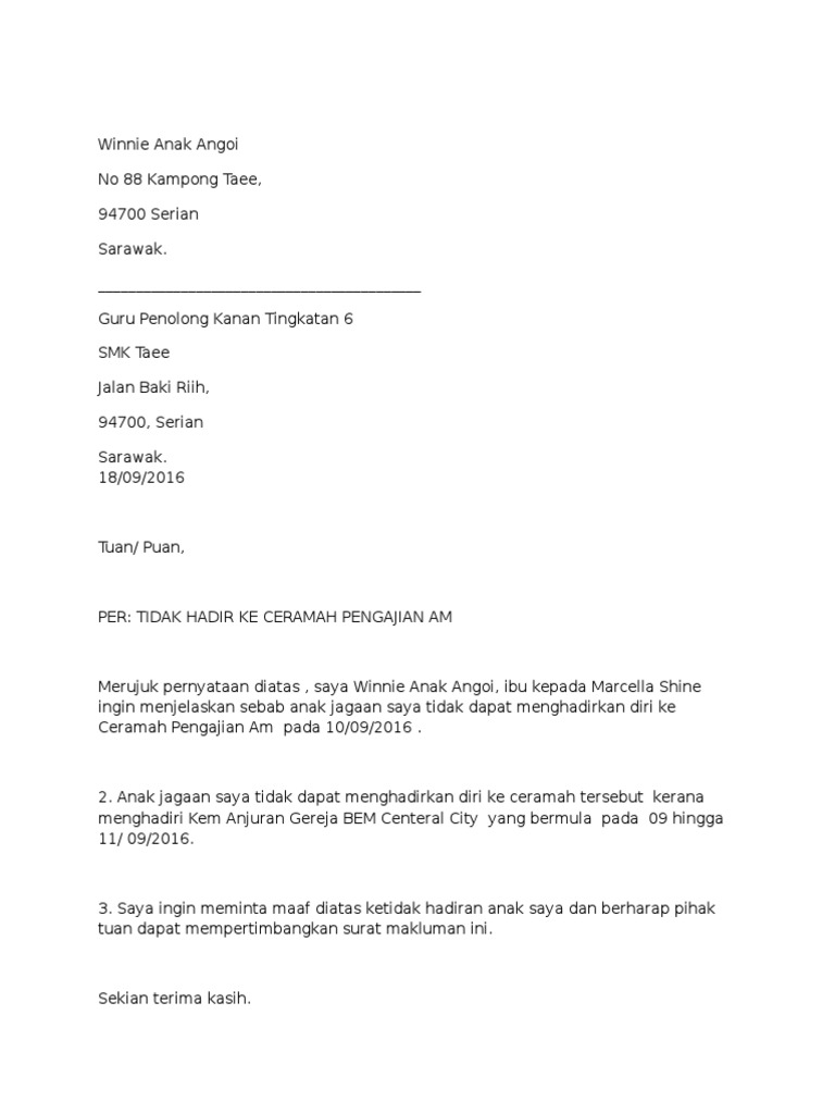 Contoh Surat Rasmi Tidak Hadir Ke Sekolah 1 Pdf