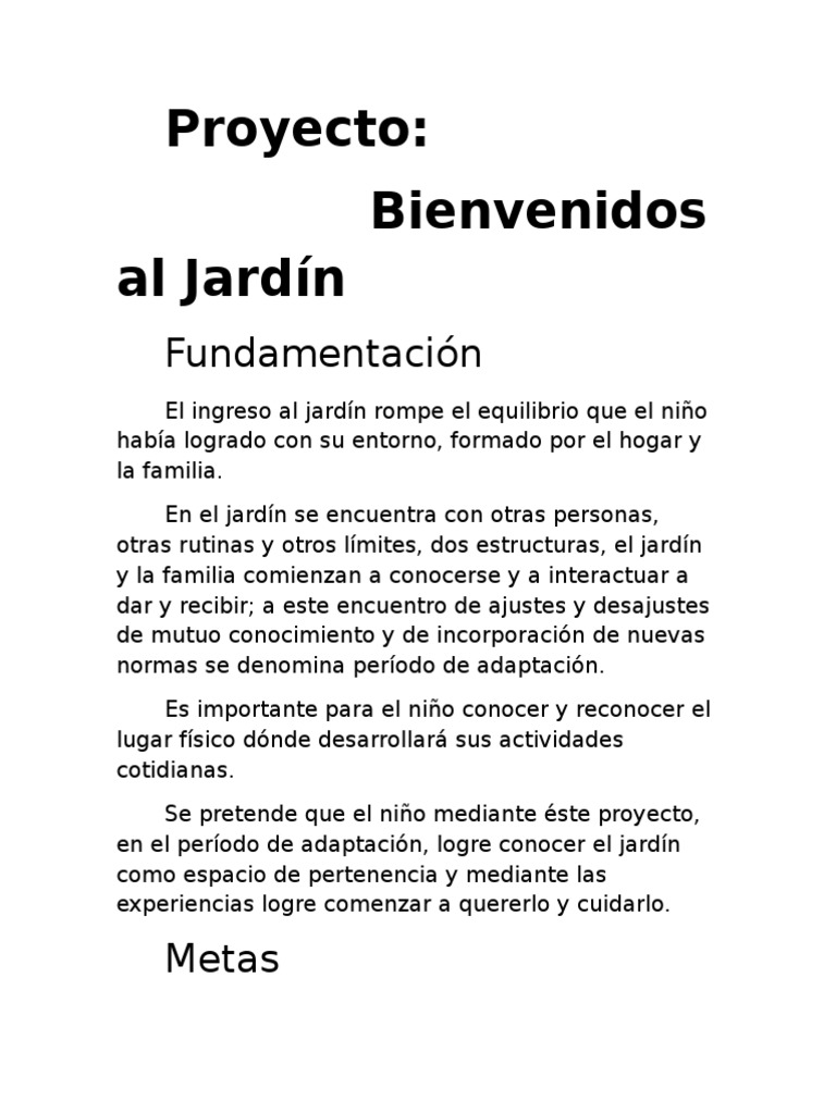 Proyecto Bienvenidos Al Jardín Sala De 4 Años Pdf Conocimiento