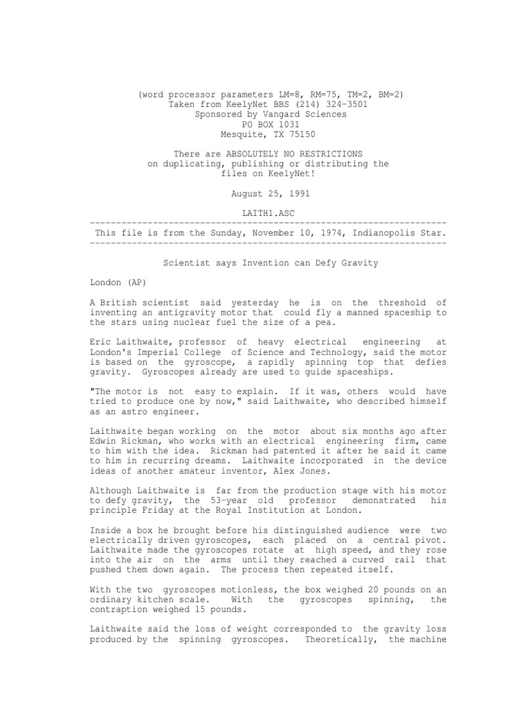 Laithwaite's Gyroscopic AntiGravity Engine PDF Gyroscope Engines