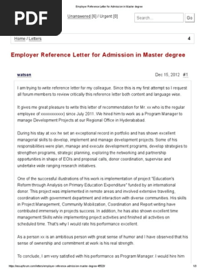 Employer Reference Letter for Admission in Master Degree