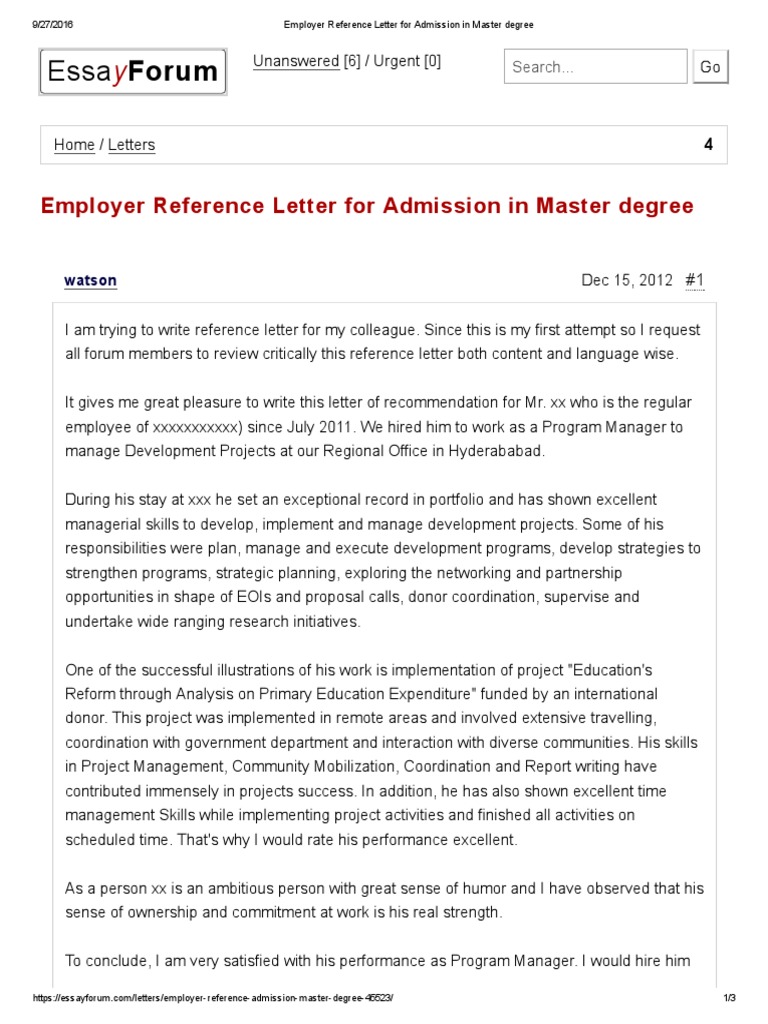 Recommendation Letter For Master Degree From Employer 