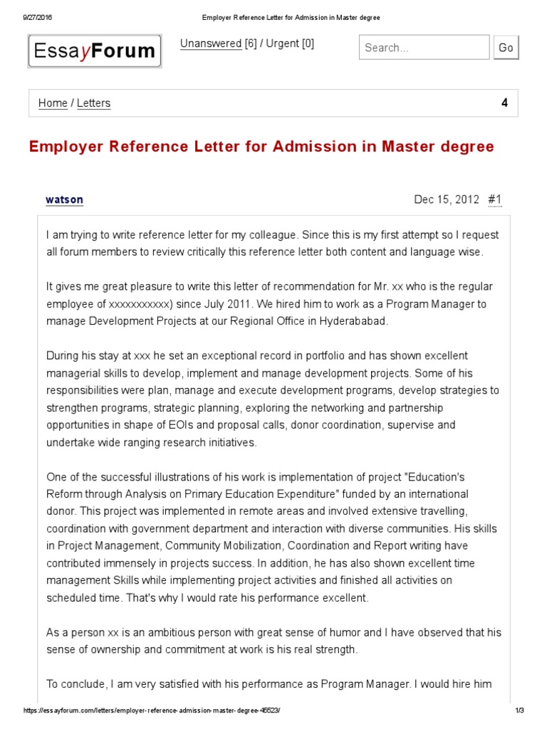 Employer Reference Letter For Admission in Master Degree | PDF ...