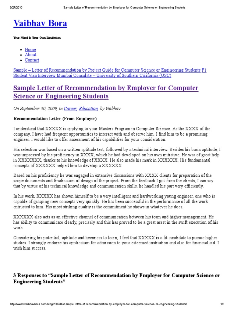 Sample Letter of by Employer for Computer Science or
