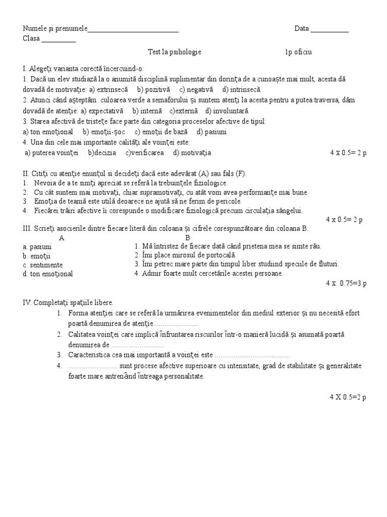 Test Motivatie Afectivitate Atentie Vointa | PDF