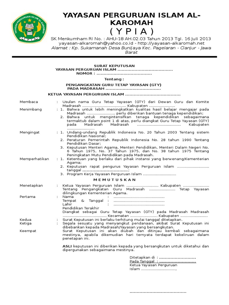 Contoh Sk Guru Tetap Yayasan Madrasah Format Doc