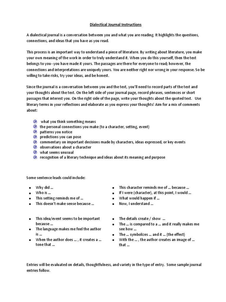 AP English Language and Composition Dialectical Journal Directions ...