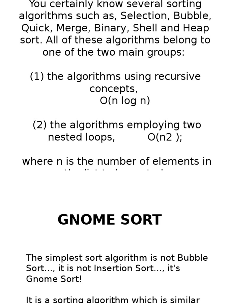 An Introduction to Gnome Sort: A Simple Linear-Time Sorting Algorithm | PDF