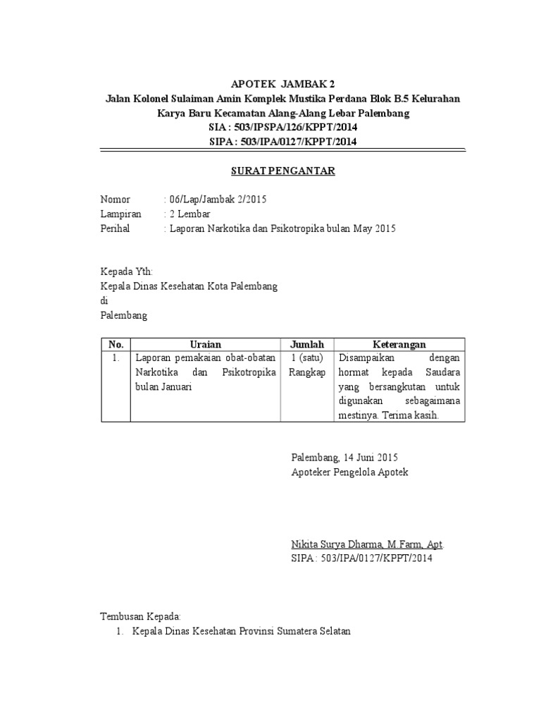 Contoh Surat Pengantar Laporan Narkotika Dan Psikotropika