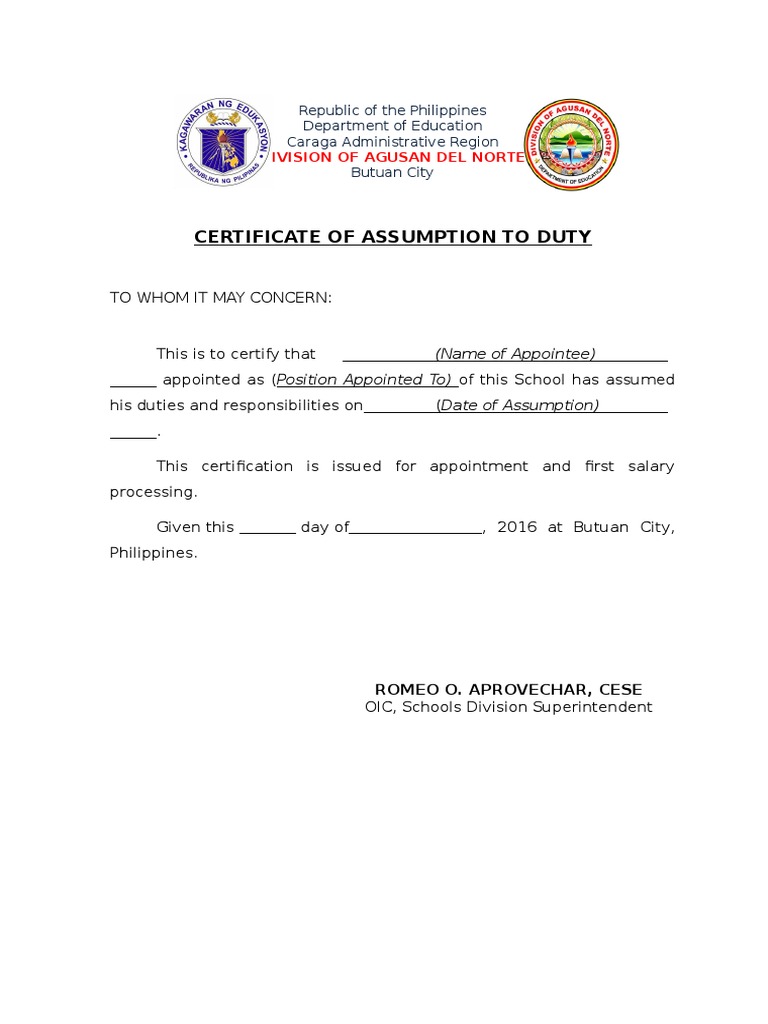 Certificate of assumption to duty pdf