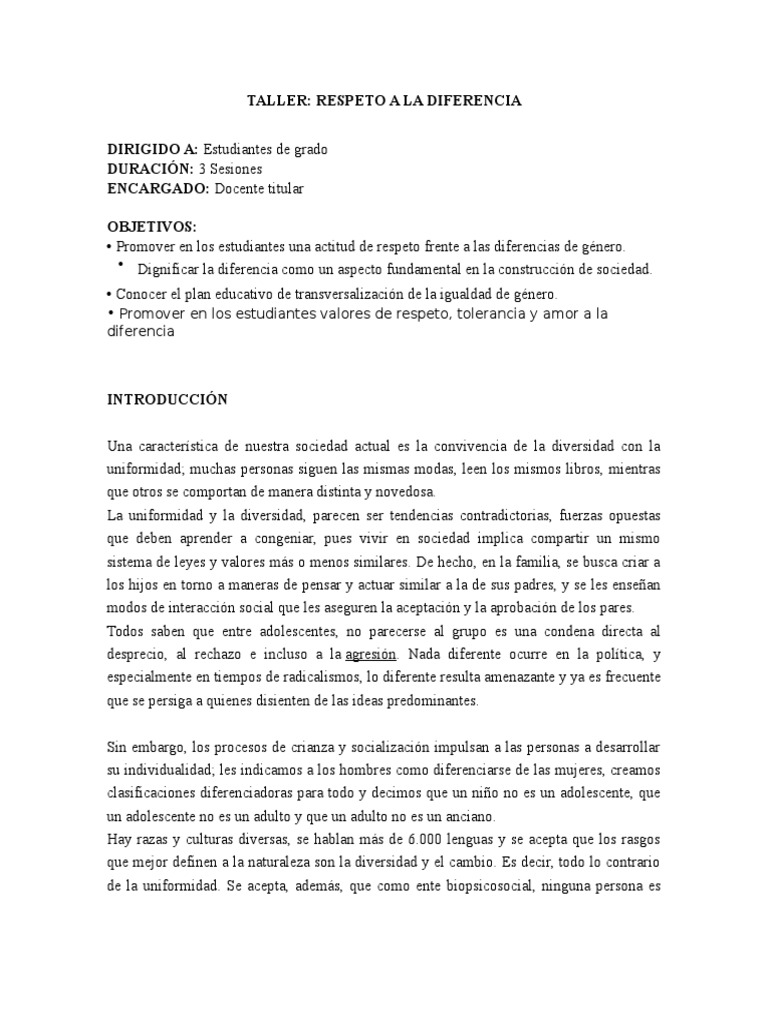 Taller de Respeto a la Diversidad | PDF | Diversidad cultural | Adultos