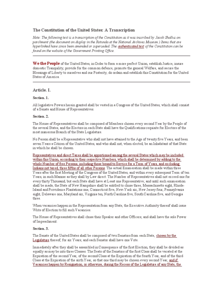 The Constitution of The United States: A Transcription | PDF | U.S. State | United States ...