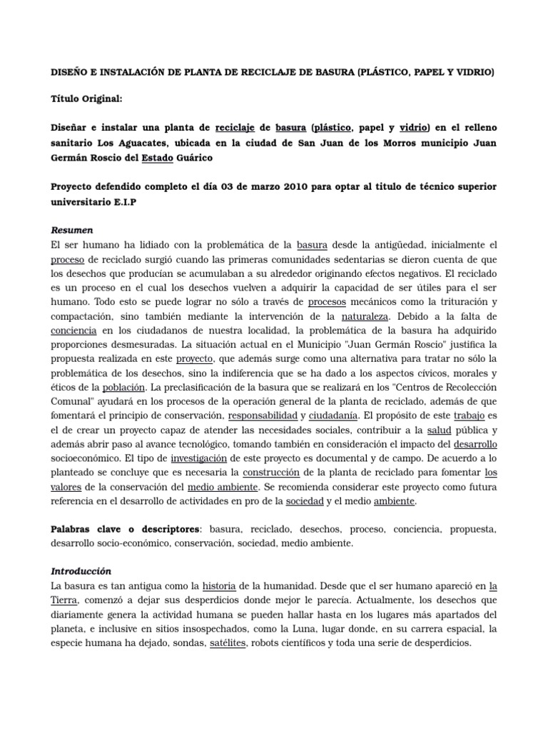 Diseño de Planta de Reciclaje de Basura | PDF | Vertedero | Residuos