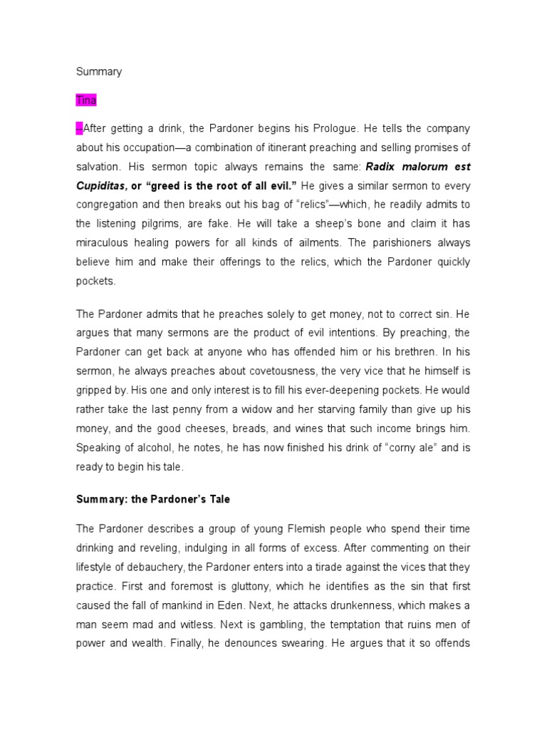 The Pardoner's Tale Summary Religion And Belief Religion