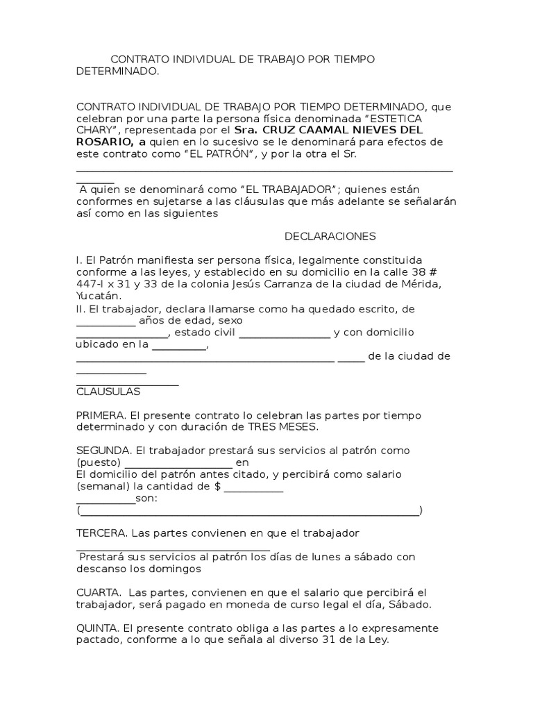 Ejemplo De Un Contrato Individual De Trabajo Por Tiempo