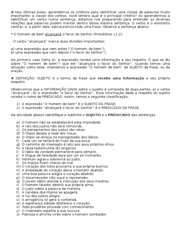 Sujeito E Predicado Exercicios Resolvidos 6o Ano