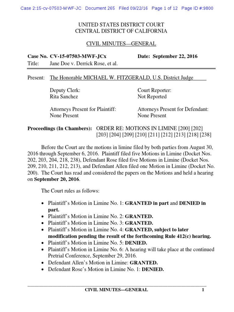 Order Re Motions in Limine Witness Testimony Free 30day Trial