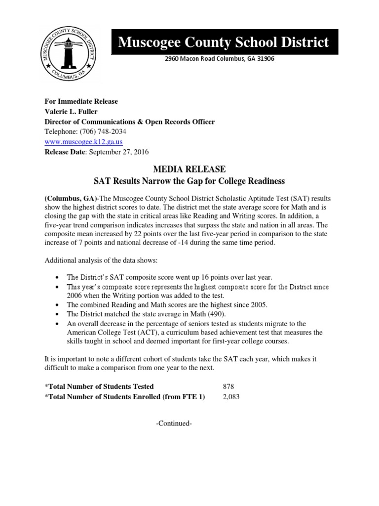 SAT Results in Muscogee County PDF Sat Act (Test)