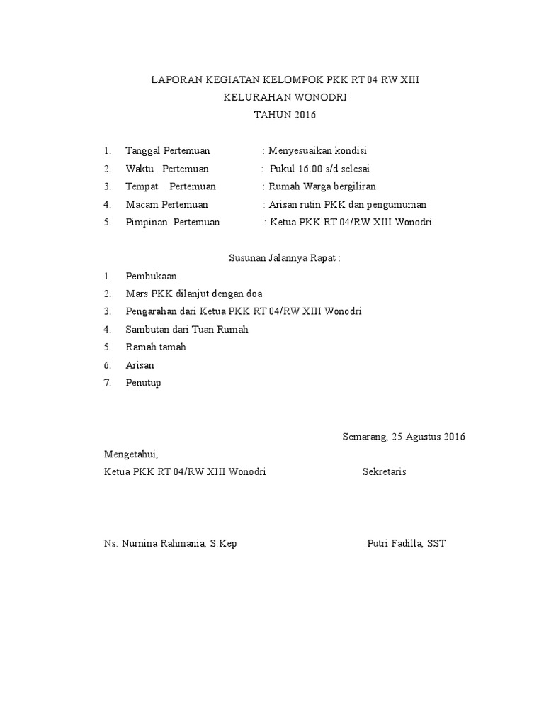 Laporan Kegiatan Kelompok Pkk Rt 04 Rw Xiii