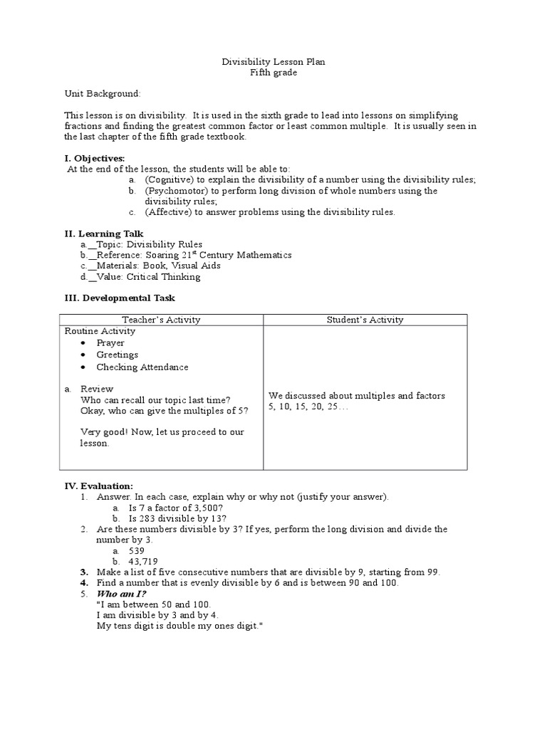 divisibility lesson plan pdf educational psychology teaching