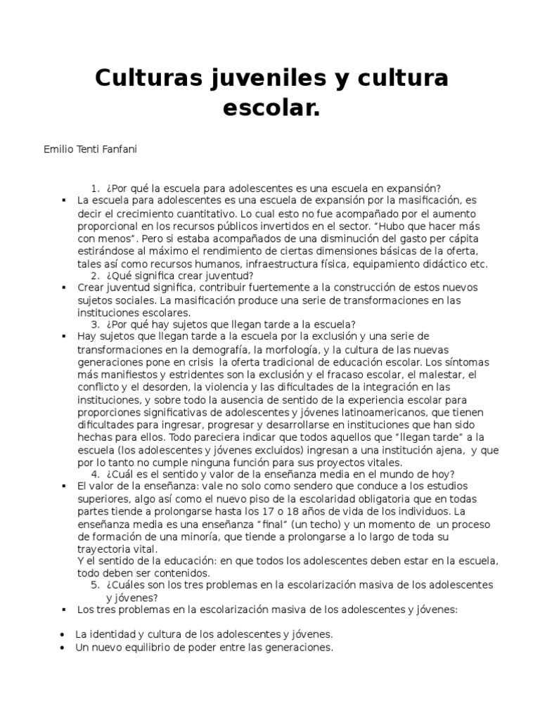 Culturas Juveniles y Cultura Escolar TPN°5 | PDF | Adolescencia ...