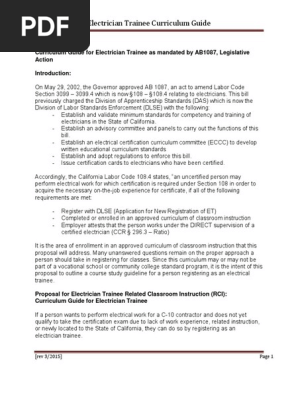 Curriculum Guide For Electrician Trainee As Mandated By Ab1087 Electrician Electrical Network