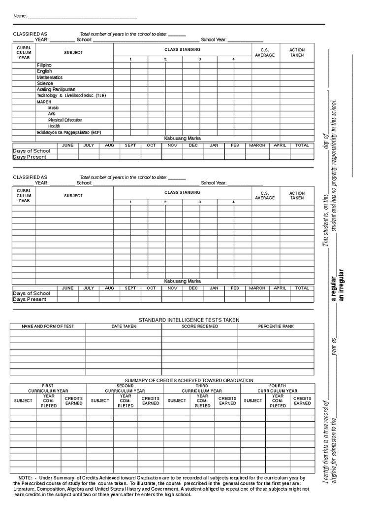 Student Academic Record Template | PDF | Language Arts & Discipline ...