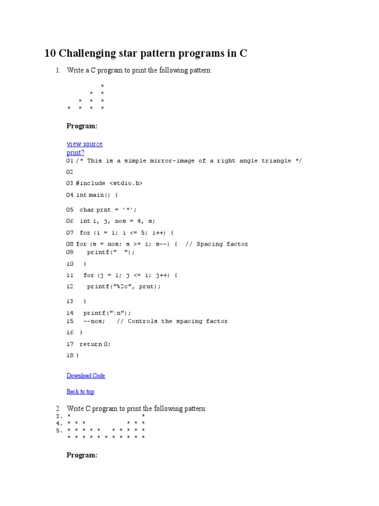 10 Challenging Star Pattern Programs in C | PDF | Computer Programming ...
