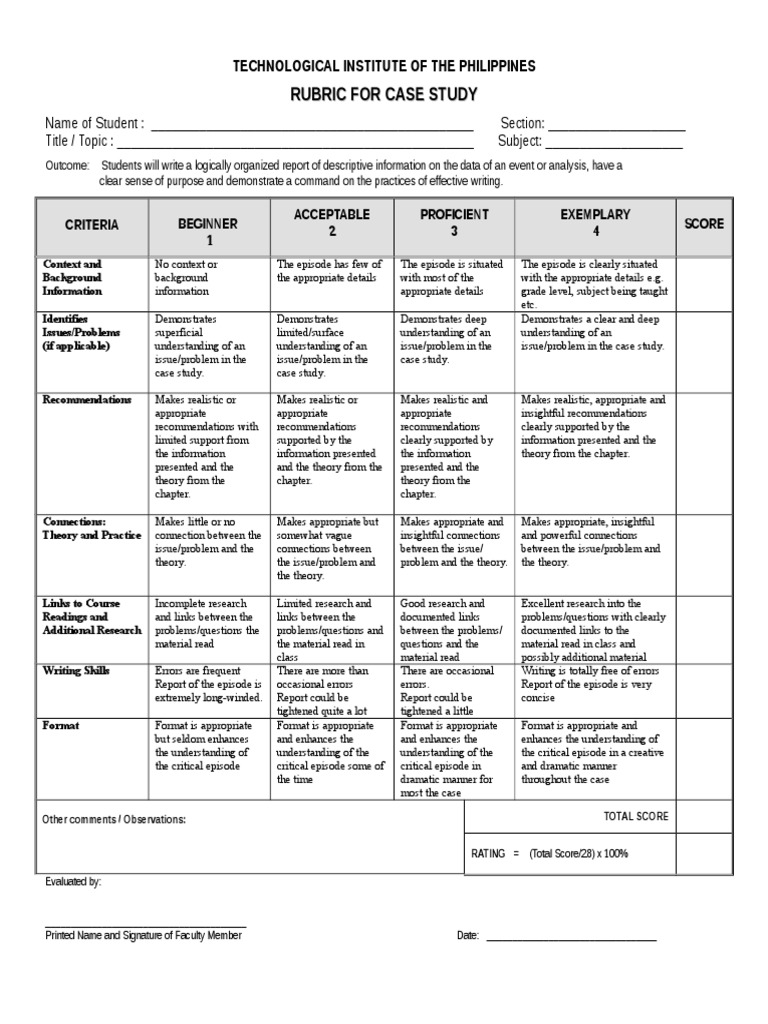 rubric for case study assignment