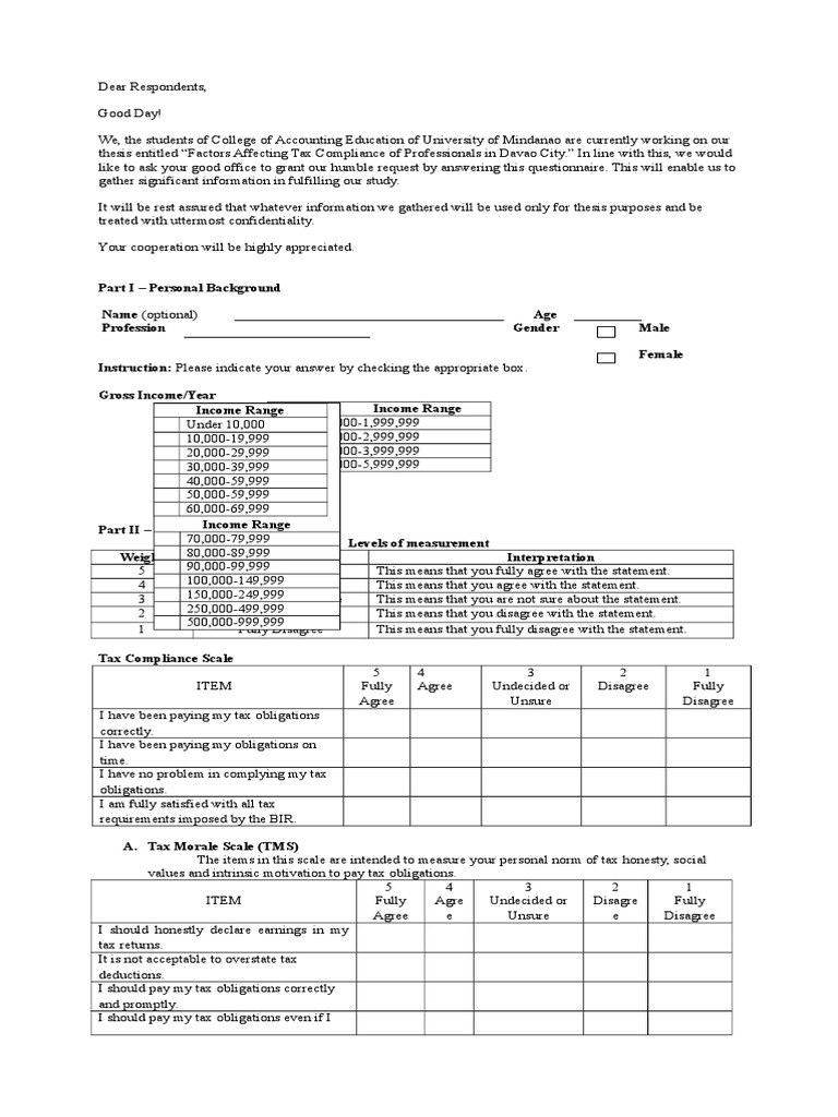 Tax Compliance Survey Questionnaire PDF Tax Return (United States