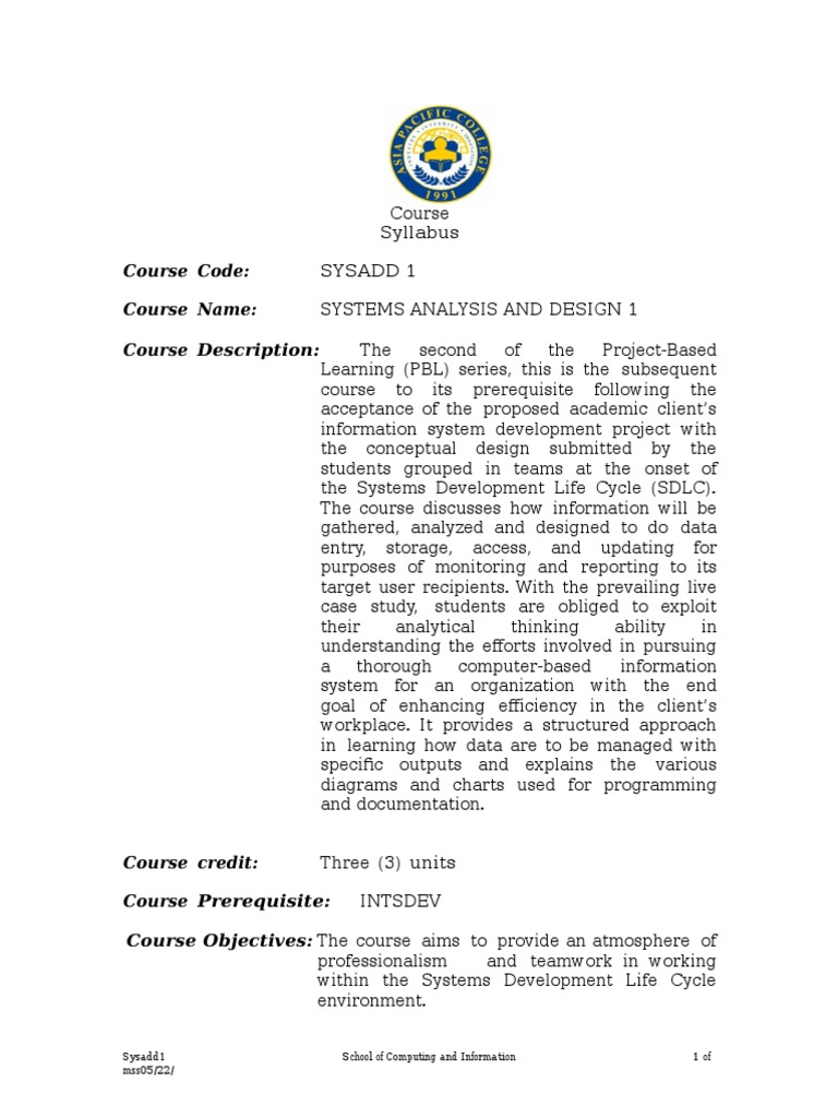 Systems Analysis and Design Syllabus | PDF | Science And Technology ...
