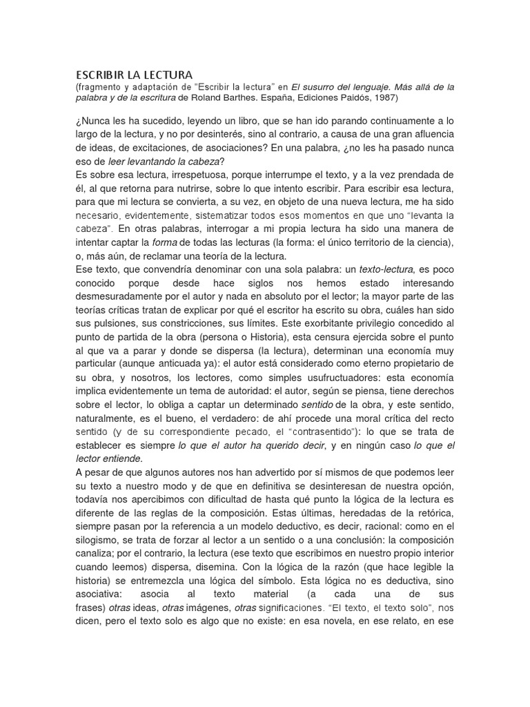 Teoría de la lectura según Barthes | PDF | Lectura (proceso) | Autor