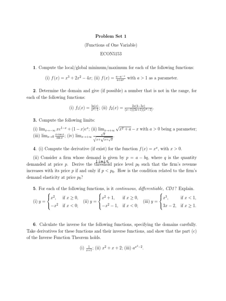 Calculus Problem Set for ECON5153 | PDF