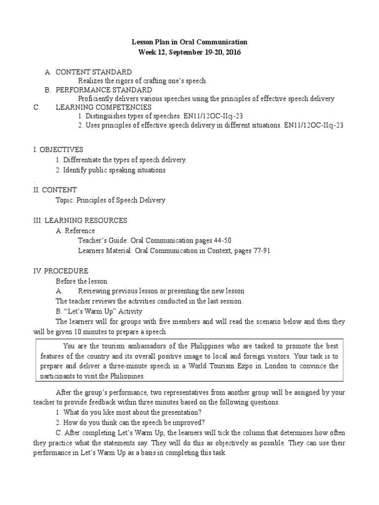 Lesson in Oral Com | Lesson Plan | Educational Psychology