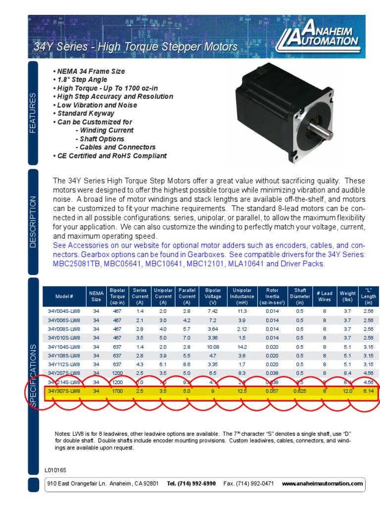 Motor Servo 34Y Series Spec Sheet Mechanical Engineering