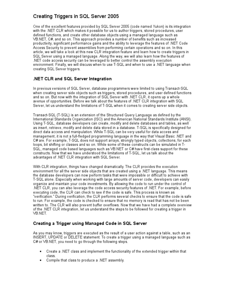 Creating Triggers in SQL Server 2005 | PDF | Microsoft Sql Server | Sql