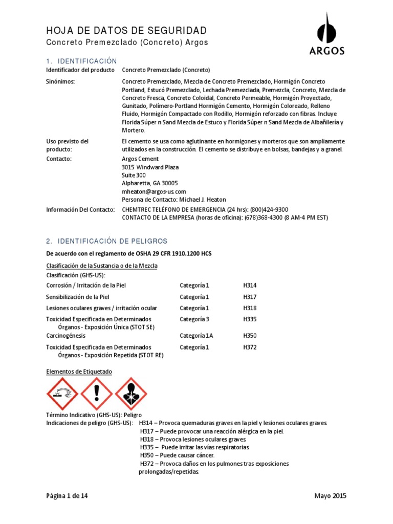 Argos Ready Mix Concrete Safety Data Sheet Spanish Magnesio Cemento