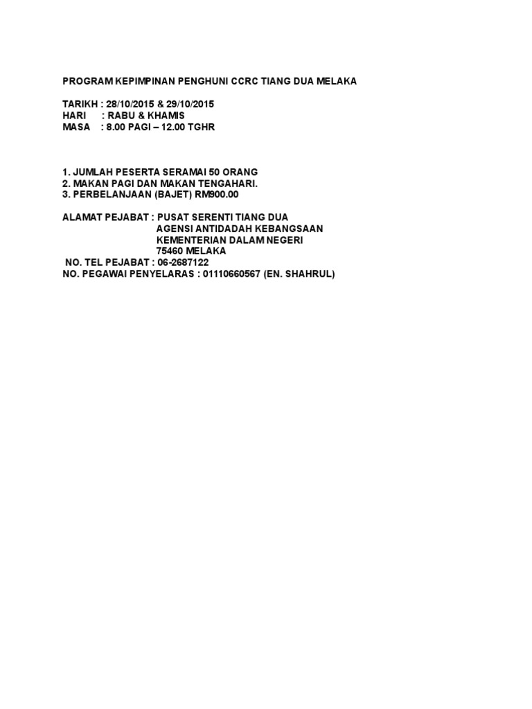 Program Kepimpinan Penghuni Ccrc Tiang Dua Melaka Pdf