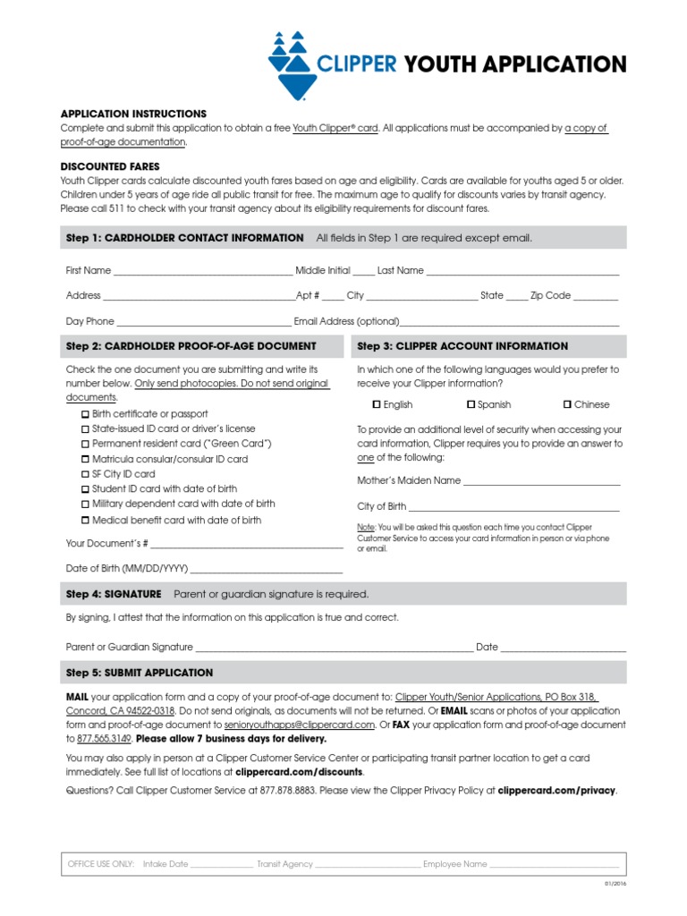 Clipper Card Youth Application Permanent Residence (United States) Identity Document