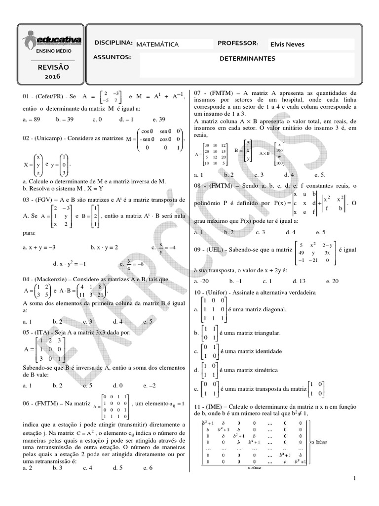 Lista De Exercícios Sobre Matrizes E Determinantes