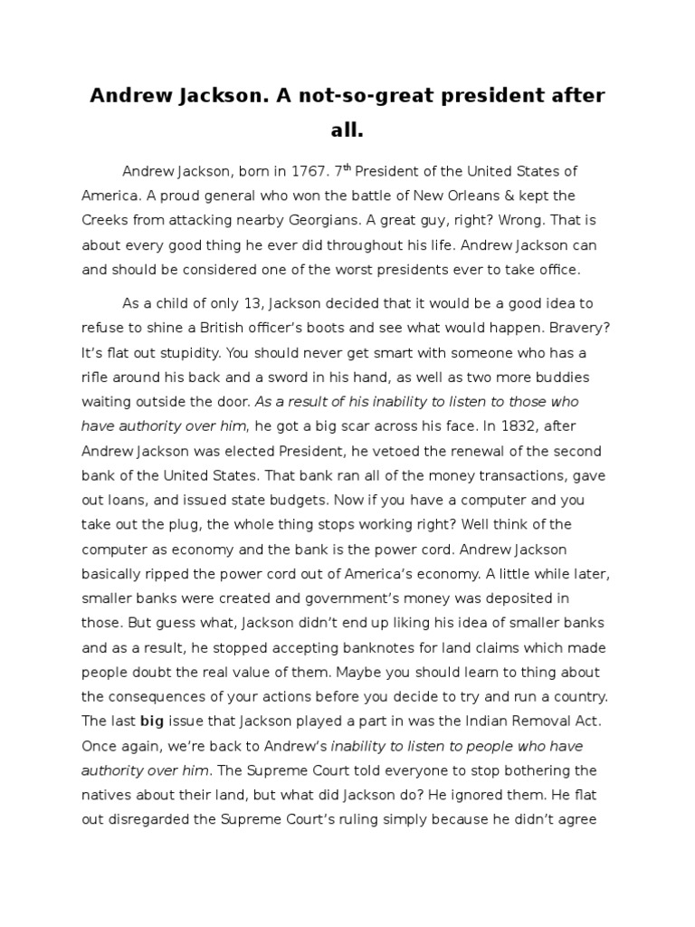 Andrew Jackson Transformative Essay