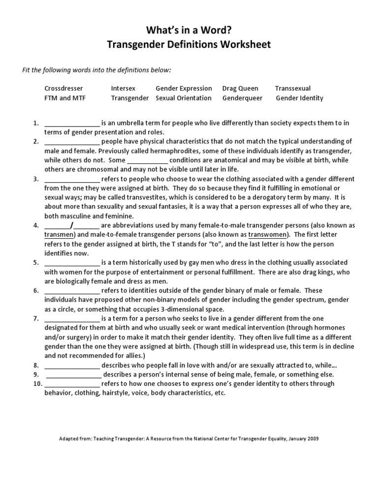 Transdefsworksheet | PDF | Transgender | LGBTQIA+ Studies